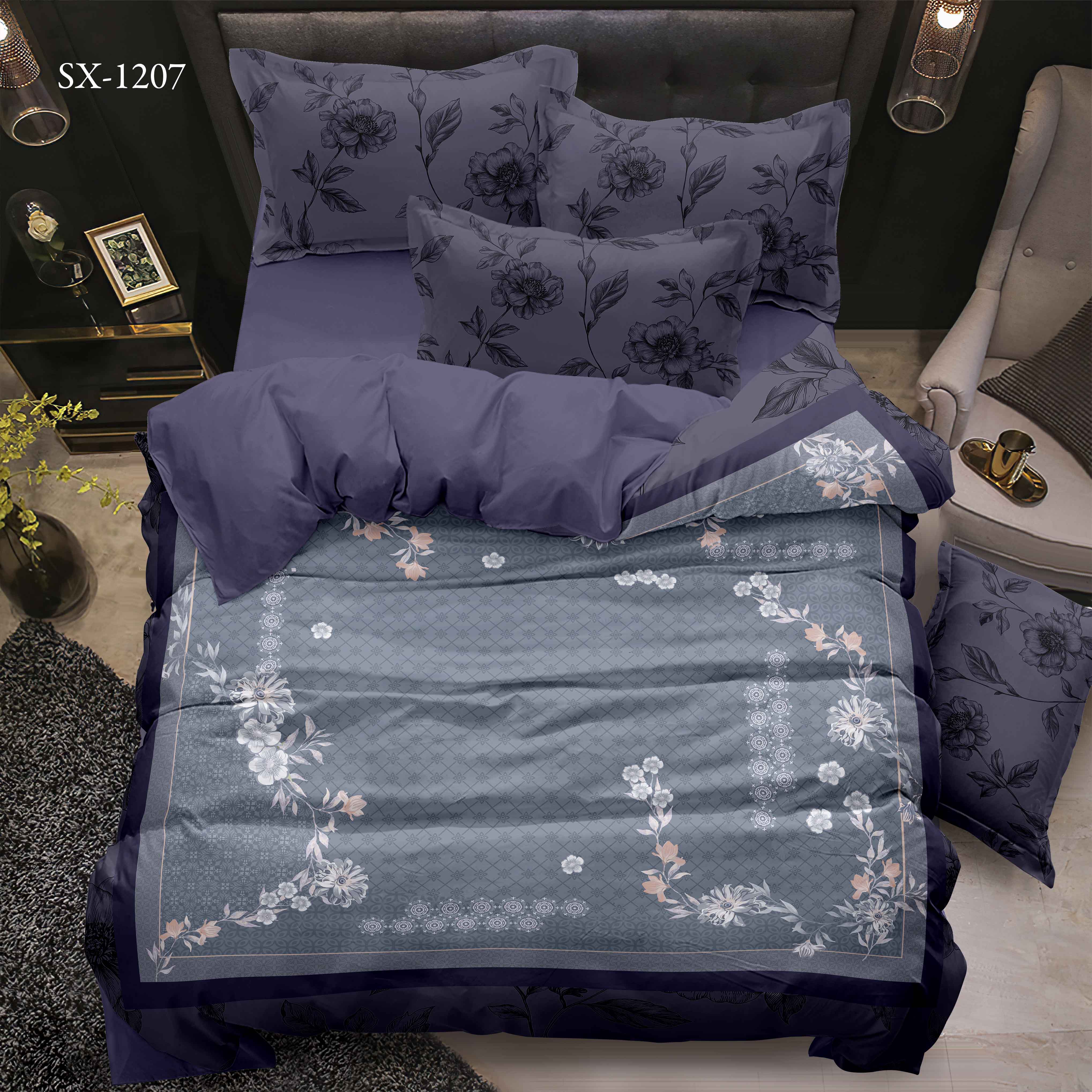 ورقة السرير المطبوعة الرقمية 5D مع حدود الأزهار وتصميم النمط الهندسي