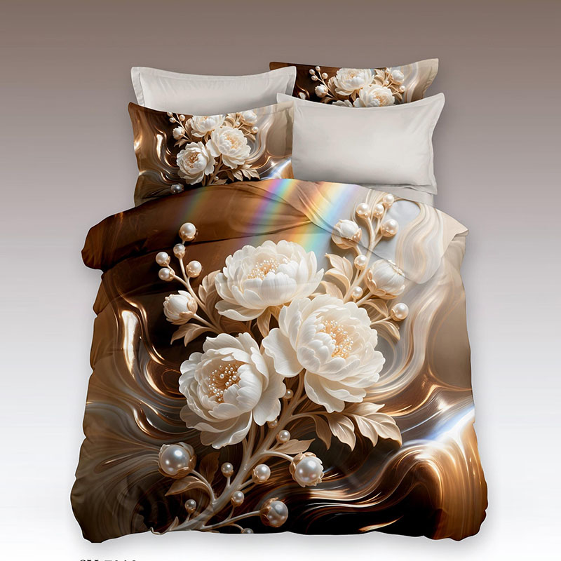 ‌طقم سرير بطبعة زهور رقمية 5D - زهرة الفاوانيا المزينة باللؤلؤ