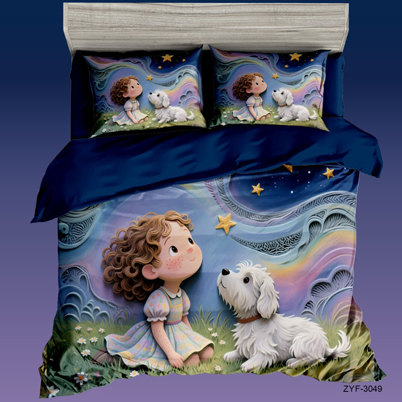 طقم سرير مطبوع رقميًا برسوم كارتونية 5D مع تصميم Sweet Little Girl and Dog Under the Stars