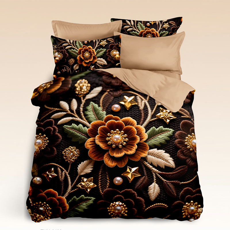 مجموعة مفروشات الأزهار بتأثير التطريز الرقمي 5D - الفاوانيا المستوحاة من الطراز القديم‌