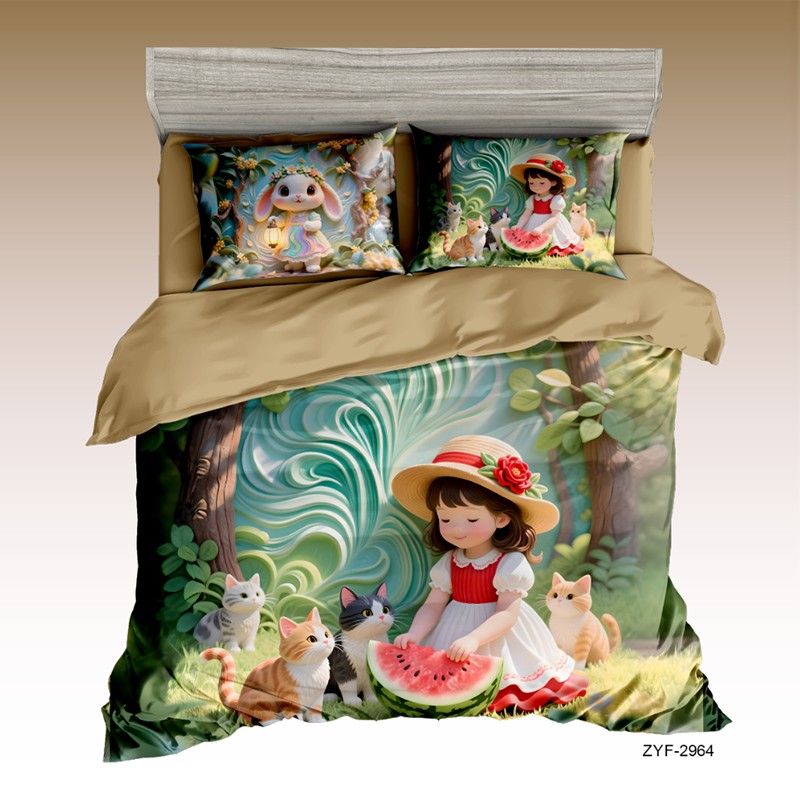 مجموعة ملاءات سرير مطبوعة رقميًا برسوم كارتونية 5D مع فتاة صغيرة وقطط صغيرة في نزهة صيفية