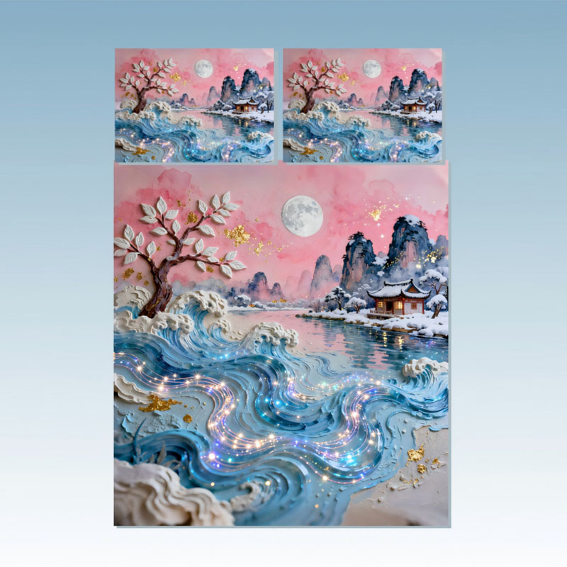 مجموعة مفروشات بتأثير طلاء زيتي 5D - قمر الشتاء والمناظر الطبيعية الثلجية