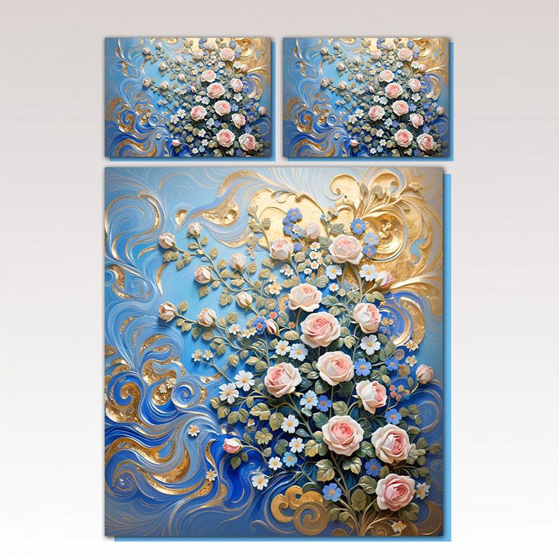 طقم سرير بطبعة زهور رقمية 5D - بلوم فاخر باللون الأزرق والذهبي