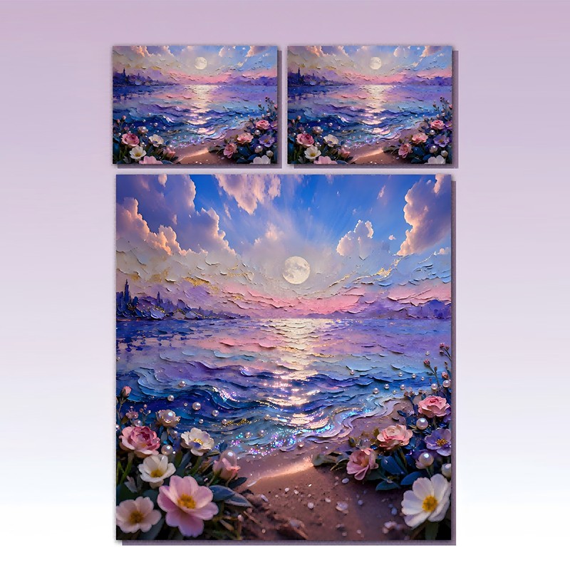 مجموعة مفروشات مطبوعة رقمية بتأثير طلاء زيتي 5D - ضوء القمر الساحلي