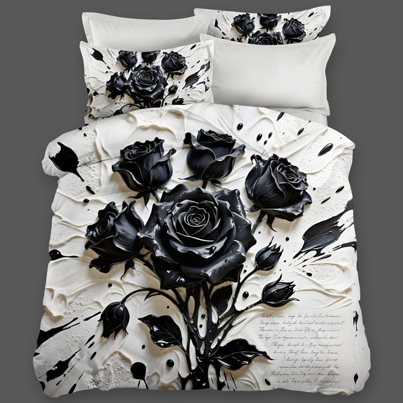 طقم سرير بتأثير طلاء زيتي 5D - وردة سوداء