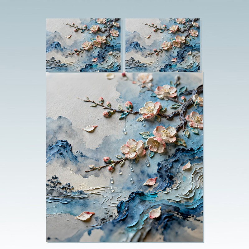 طقم مفروشات بطباعة رقمية بتأثير طلاء زيتي 5D - زهر الخوخ المطري