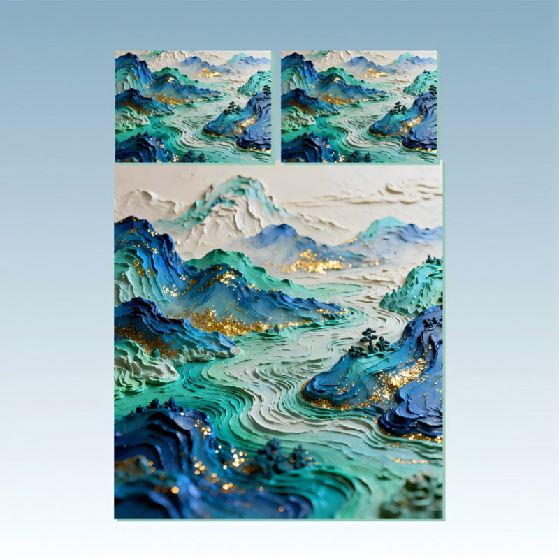 ‌طقم مفروشات بتأثير طلاء زيتي 5D - جبل وبحر مع بريق ذهبي