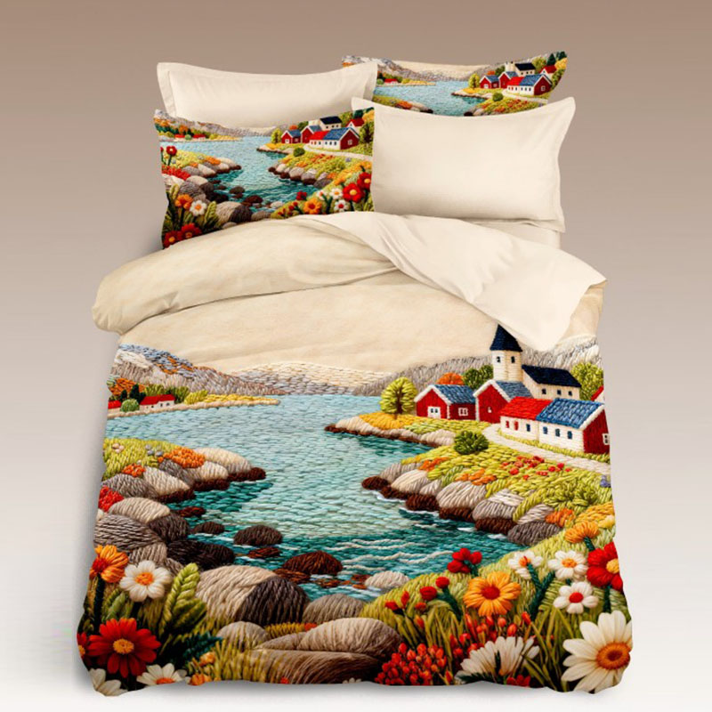 مجموعة ملاءات سرير مطبوعة رقمية برسوم كارتونية خماسية الأبعاد - القرية المسحورة