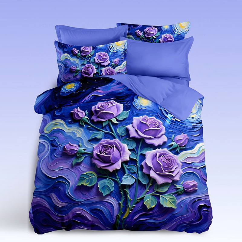 طقم مفروشات بطبعة زهور رقمية 5D - سماء وردية ومرصعة بالنجوم