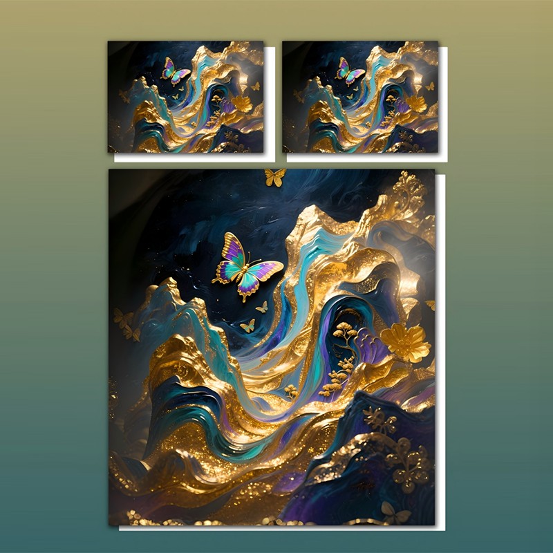 طقم مفروشات بطباعة رقمية 5D - فراشة وفن ذهبي