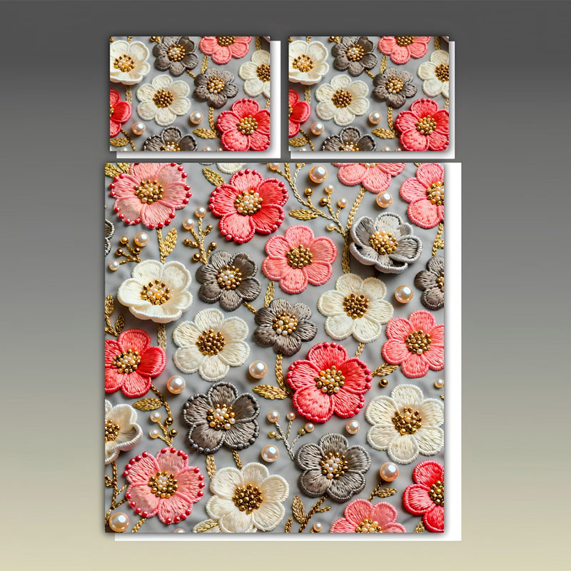 طقم مفروشات طباعة رقمية بتأثير تطريز زهري 5D - زهور ولآلئ