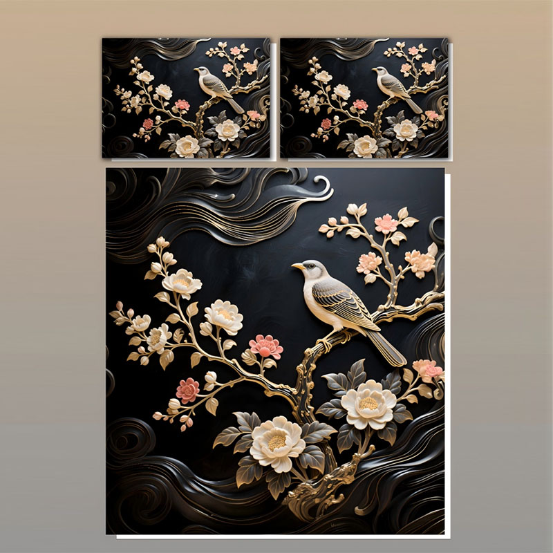 طقم سرير بطبعة زهور رقمية 5D - طاووس وكرمة ذهبية