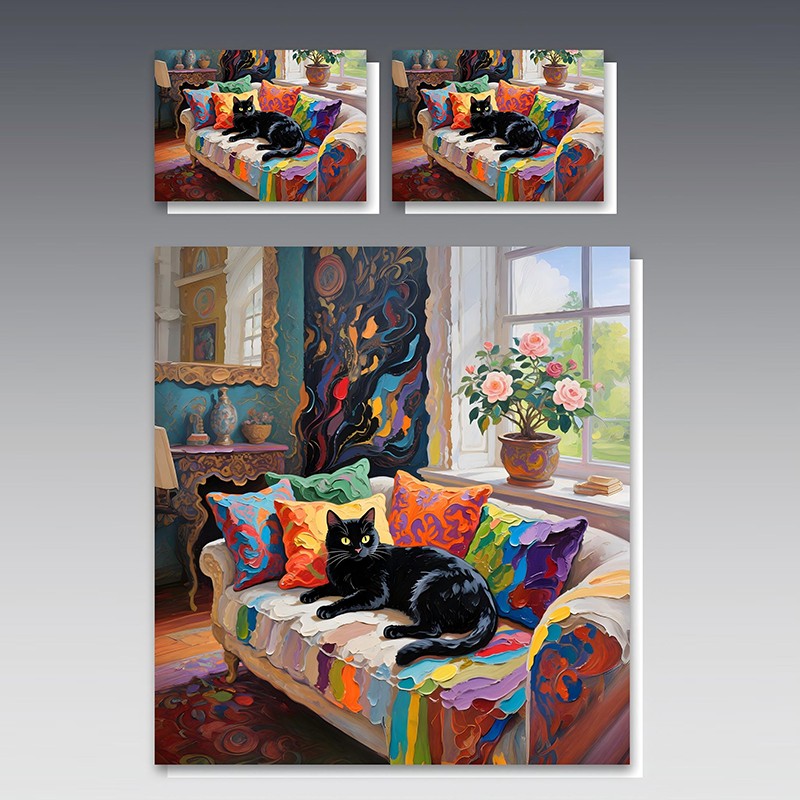 مجموعة مفروشات مطبوعة رقمية بتأثير طلاء زيتي 5D - موضوع قطة