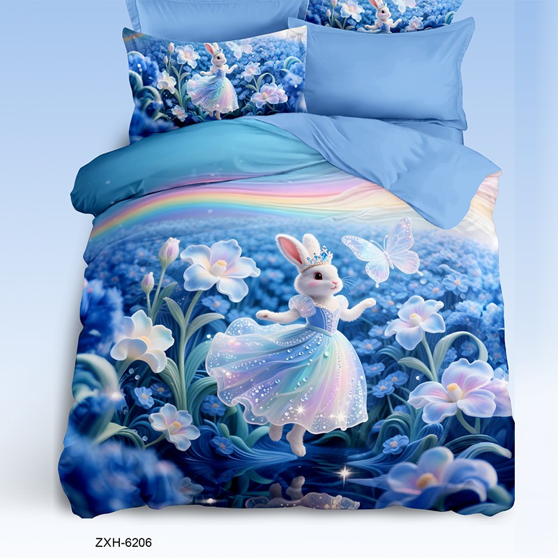 مجموعة ملاءات سرير مطبوعة رقمية كارتونية 5D مع أرنب الأميرة في حديقة الزهور المسحورة