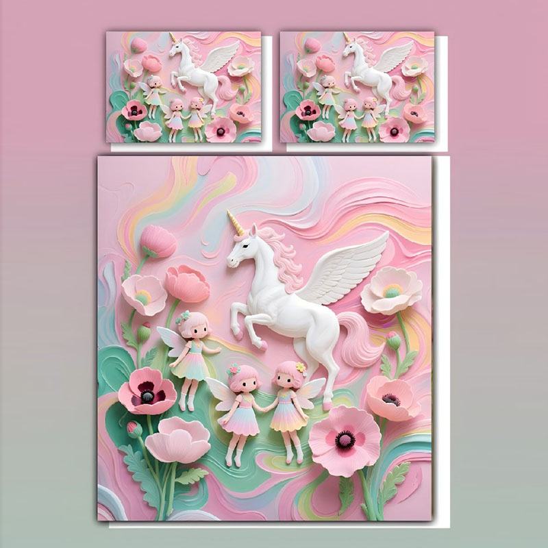 مجموعة ملاءات سرير مطبوعة رقمية كارتونية 5D - يونيكورن وزهرة الجنية