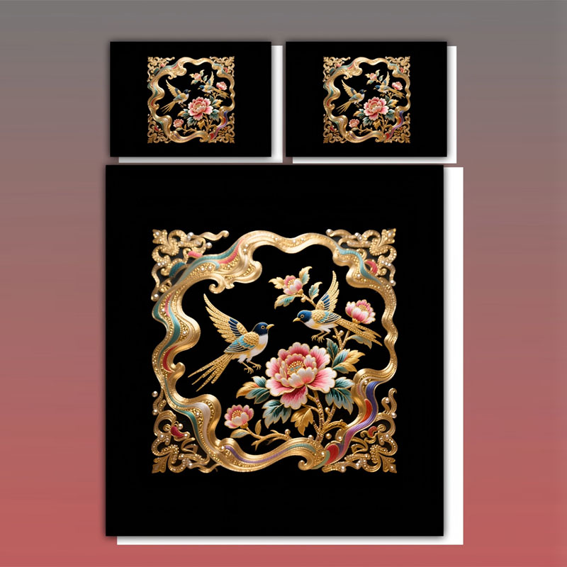 طقم سرير بطبعة زهور رقمية 5D - الفاوانيا الذهبية والطيور