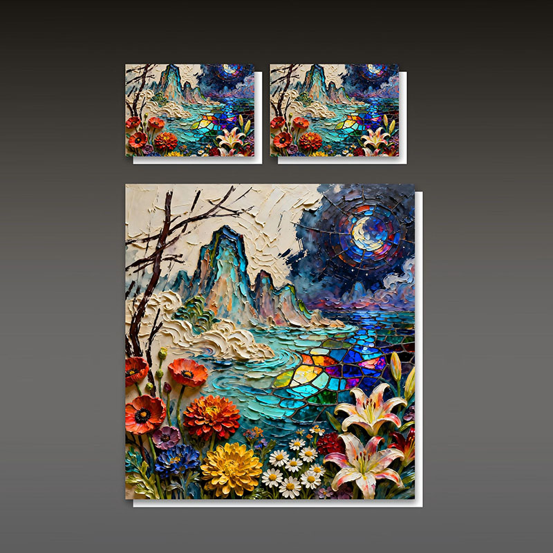 ‌طقم مفروشات بتأثير طلاء زيتي 5D - زهور وشلال نابضة بالحياة