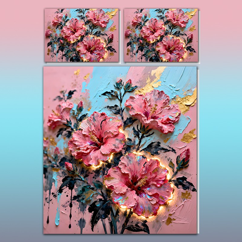 طقم سرير بتأثير طلاء زيتي 5D - زهرة الكركديه