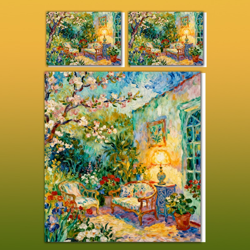 طقم مفروشات بتأثير طلاء زيتي 5D - حديقة خلفية