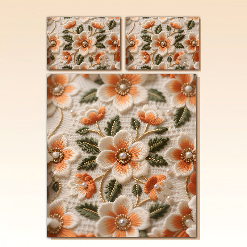 طقم مفروشات زهور بتأثير التطريز الرقمي 5D - الفاوانيا