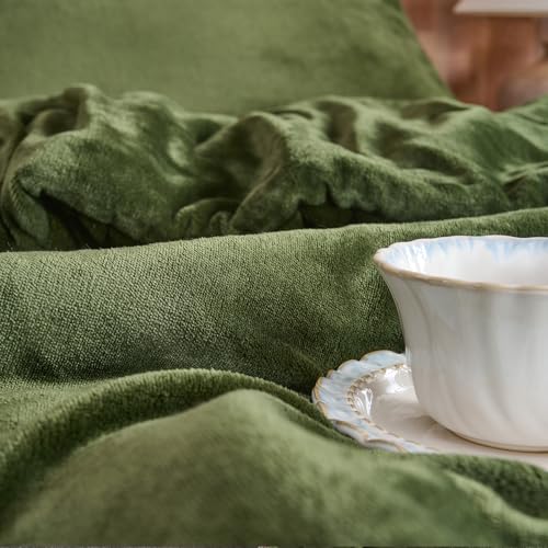 طقم لحاف مخملي أخضر غابة - طقم سرير مبطن فائق النعومة مكون من 3 قطع